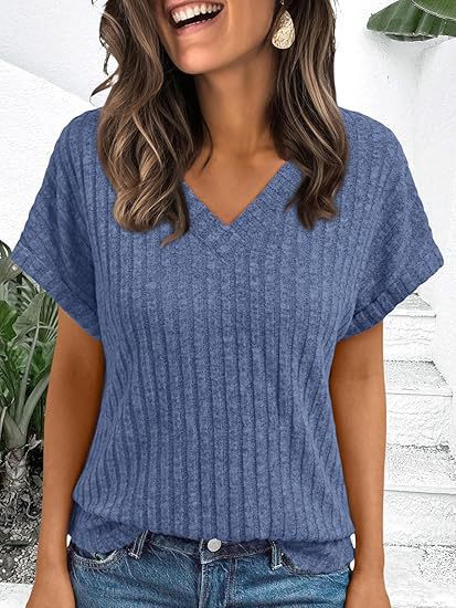 Damen lässiges V-Ausschnitt T-Shirt mit Streifenstruktur Echo Archiv