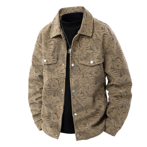 Herren Kordjacke im Truckerstil mit tonalem Blattmuster, Druckknopf‑Front und Pattentaschen Echo Archiv