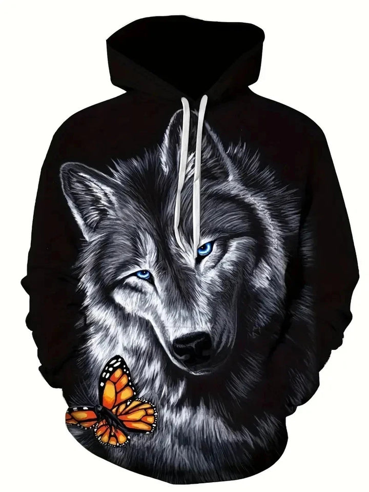Damen Kapuzenpullover mit Wolf- und Schmetterlingsmotiv Echoarchiv