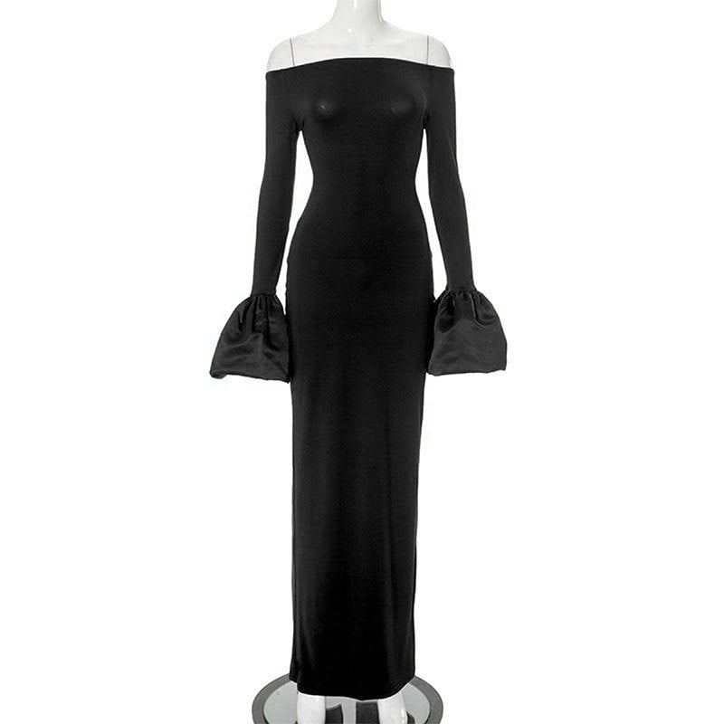 Damen Elegantes Langarm-Maxikleid mit Off-Shoulder-Ausschnitt und Rüschendetails Echo Archiv