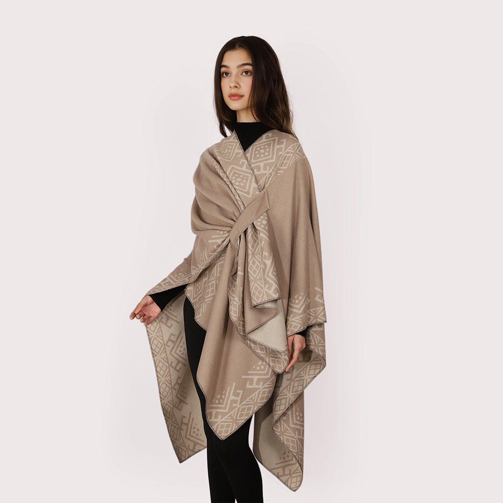 Damen Reversibler Wollmix-Cape mit Bindeschlaufe und feinem Jacquardmuster – Avérine