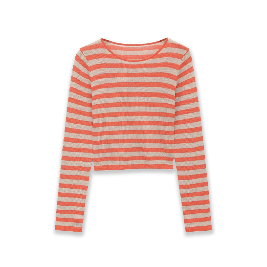 Damen Gestreifter Cropped Feinstrickpullover mit Rundhalsausschnitt Echo Archiv