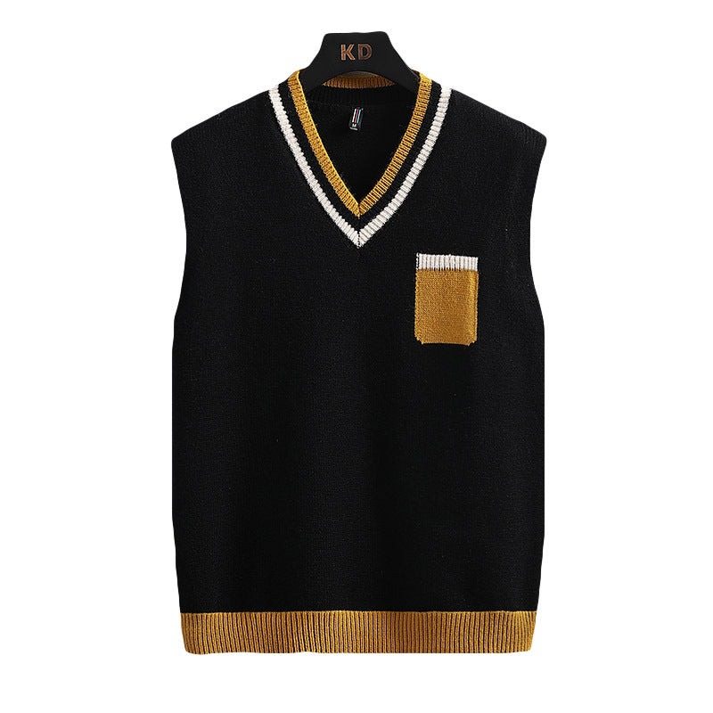 Herren ärmellose Strickjacke mit V-Ausschnitt und Farbblockdesign Echoarchiv