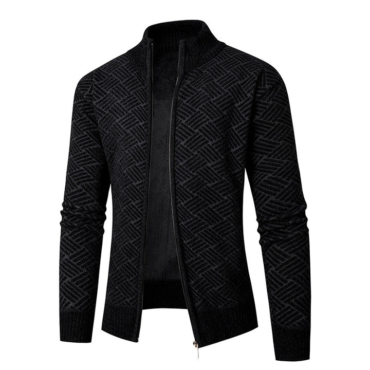 Herren Thermo-Strickjacke mit durchgehendem Reißverschluss, gefüttertem Stehkragen und geometrischem Strukturmuster Echo Archiv