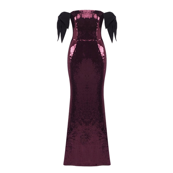 Damen Elegantes Pailletten-Maxikleid mit schulterfreiem Design und dekorativen Schleifen Echo Archiv