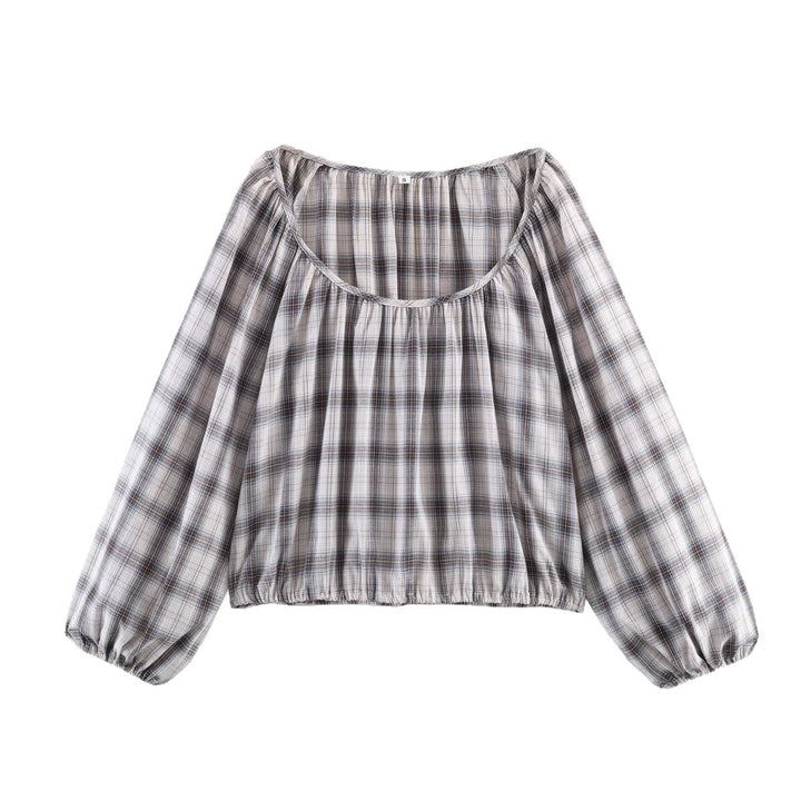 Damen Karierte Carmen‑Bluse mit weitem Ausschnitt, Ballonärmeln und elastischem Saum Echoarchiv