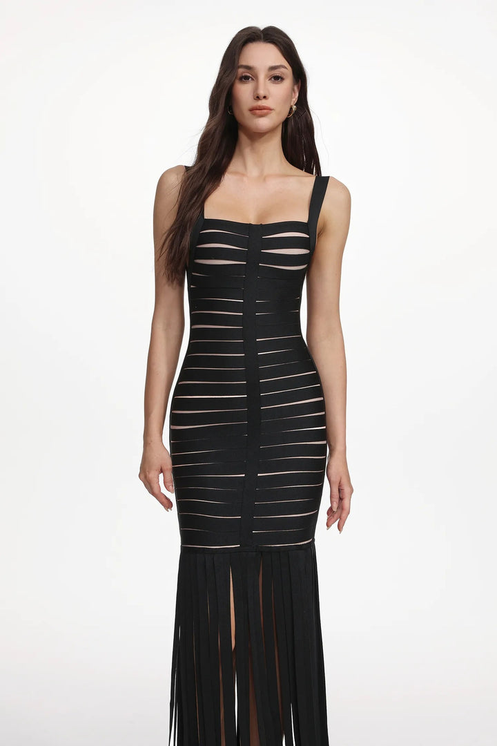 Damen Elegantes Abendkleid mit raffiniertem Streifen-Design und Fransen Echo Archiv