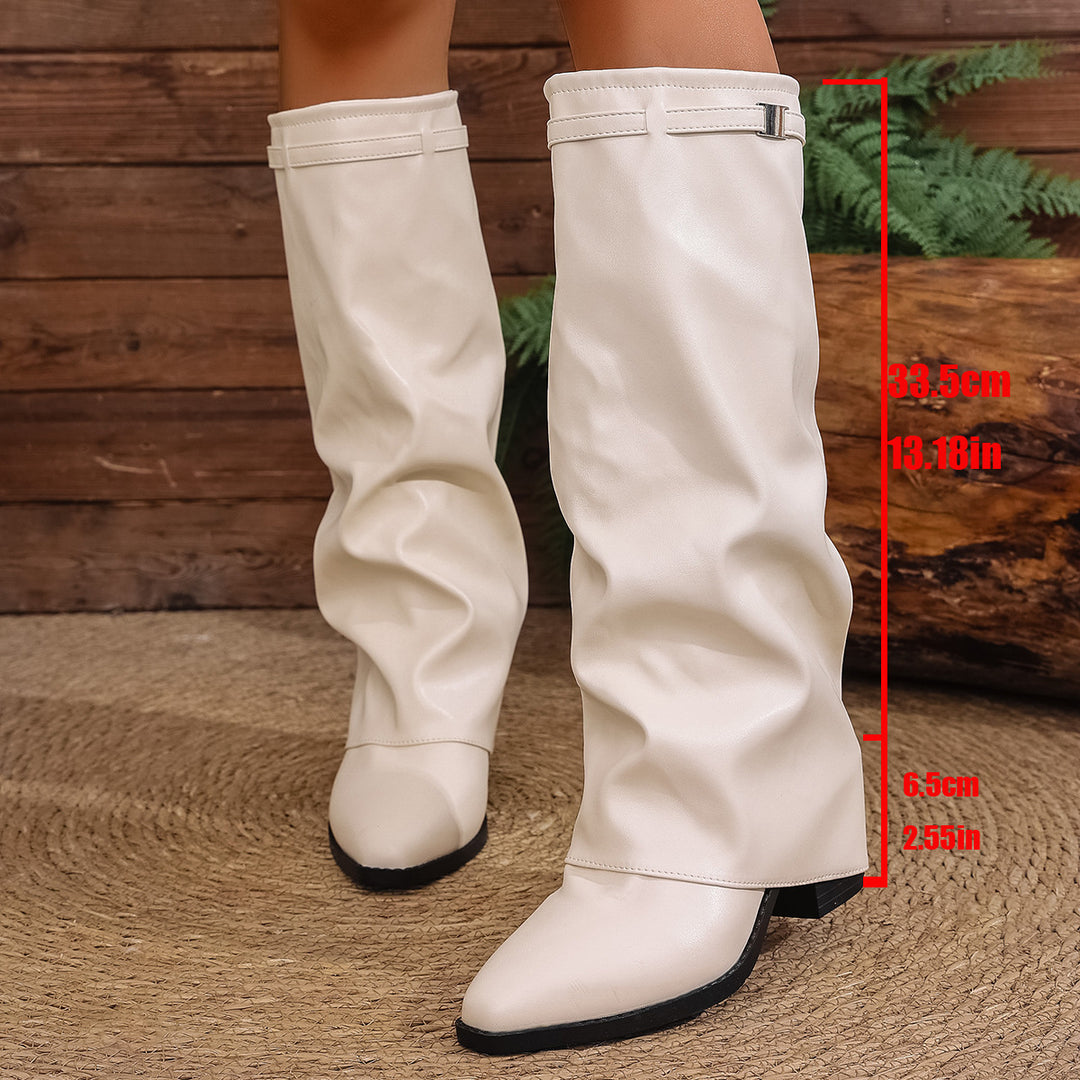 Damen nan kniehohe Slouch-Stiefel mit spitzer Zehenpartie niedrigem Blockabsatz und dekorativem Schaftgurt Echo Archiv