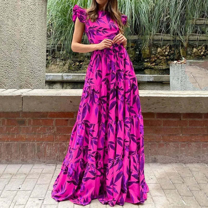 Damen Boho Maxikleid mit Voluminösen Rüschenärmeln und Gestuftem Rock Echoarchiv
