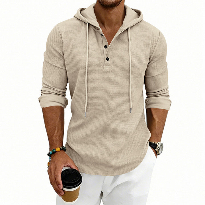 Herren Waffelstrick-Henley-Hoodie mit Knopfleiste und Kapuze – Cavarno