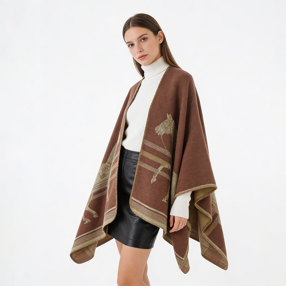 Damen Poncho-Cape aus Wollmix mit gewebtem Pferde-Jacquard und kontrastkettelung – Avérine