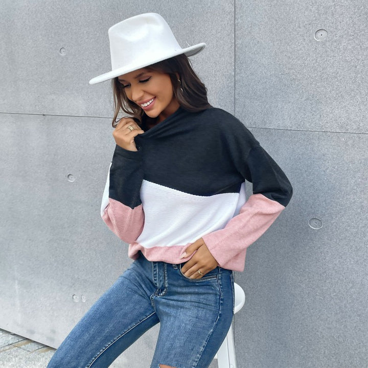 Damen Dreifarbiger Strukturstrick-Pullover mit Stehkragen und lässiger Oversize-Silhouette Echoarchiv