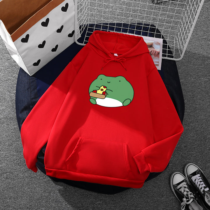 Damen gemütlicher Kapuzenpullover mit kawaii Frosch‑Pizza‑Motiv und oversized Relax‑Fit – Auréline