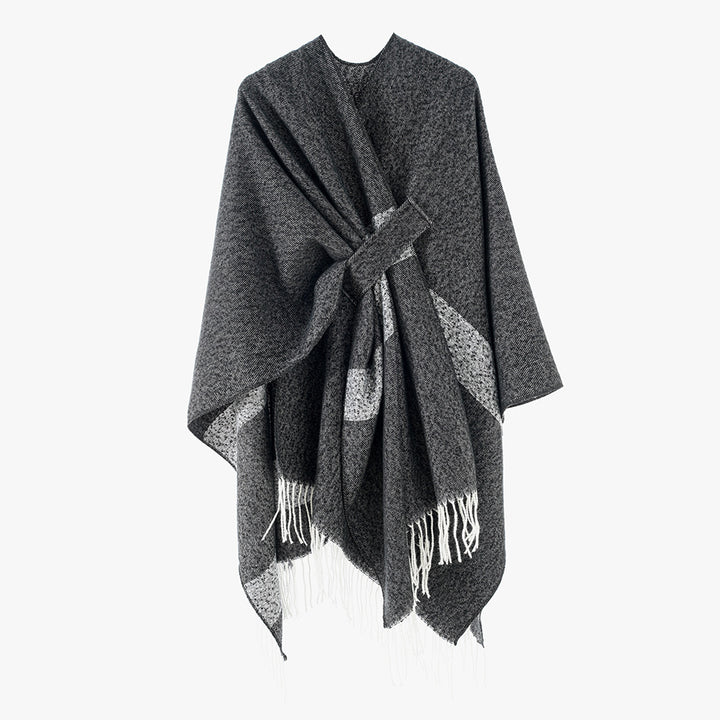 Damen Wollmix-Capeponcho mit Bindeschlaufen, weichgewebtem Oversize-Überwurf und Fransensaum – Avérine