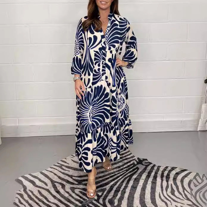 Damen Lange Stufen Kleid mit Knopfleiste und abstraktem Blattdruck Echoarchiv