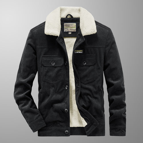 Herren Cord-Workerjacke im Truckerstil mit Druckknopfverschluss und Pattentaschen Echoarchiv