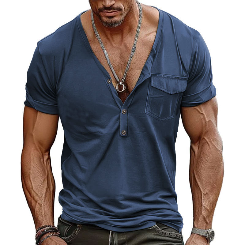 Herren V-Ausschnitt Henley-T-Shirt mit Brusttasche und atmungsaktiver Baumwolle Echoarchiv