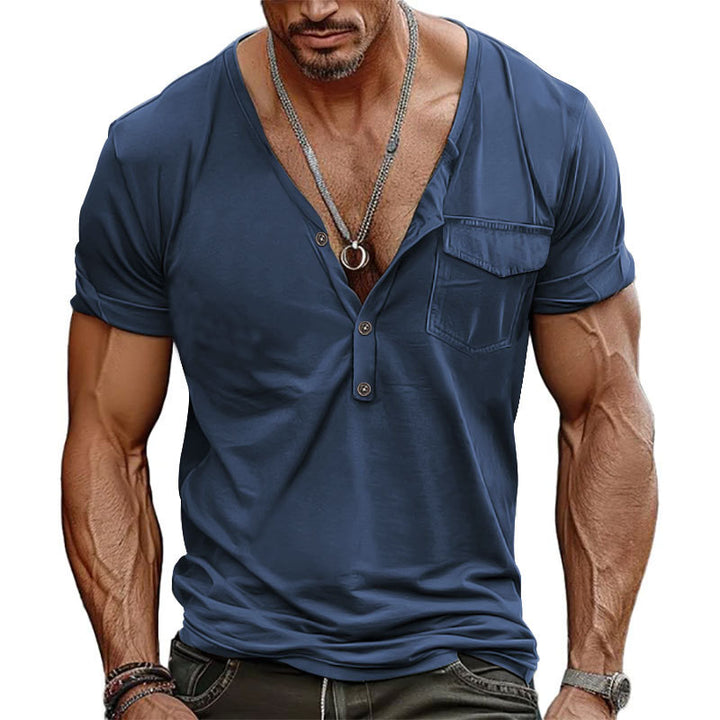 Herren V-Ausschnitt Henley-T-Shirt mit Brusttasche und atmungsaktiver Baumwolle Echoarchiv