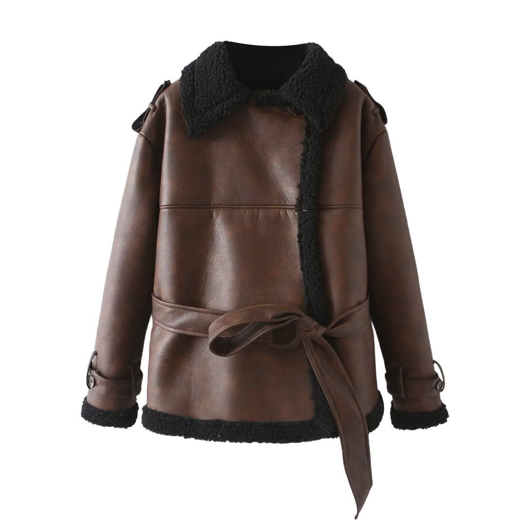 Damen Taillierter Aviator-Mantel aus Kunstleder mit Teddyfutter und Bindegürtel Echo Archiv