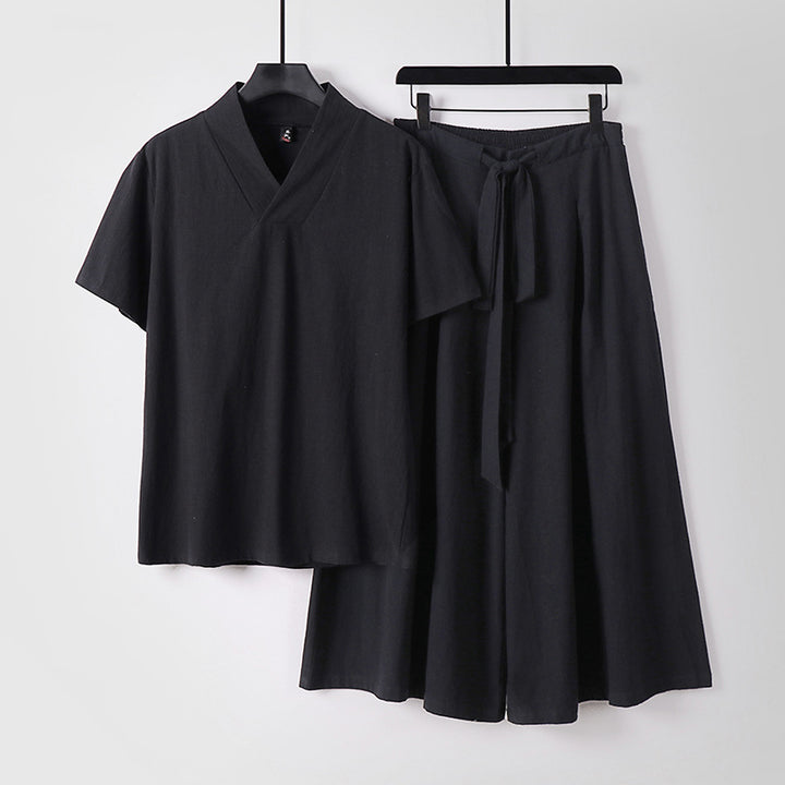 Damen Leichtes Loungewear-Set mit V-Ausschnitt-Shirt und weit schwingendem Midirock mit Kordelzug Echoarchiv