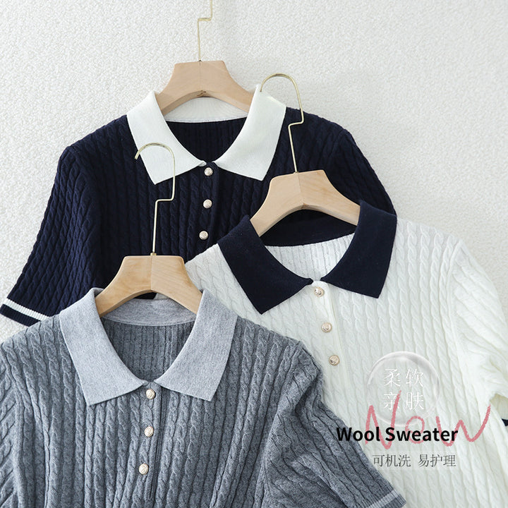 Damen Kurzarm Strickpoloshirt mit Zopfmuster und Kontrastkragen Echo Archiv