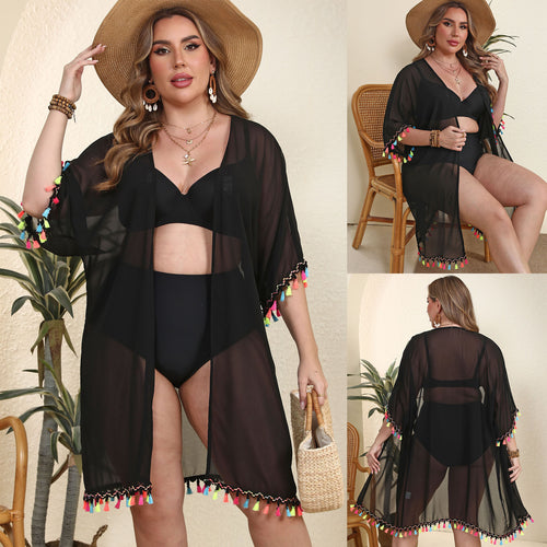 Damen transparenter Strandüberwurf mit buntem Quastenrand Echo Archiv