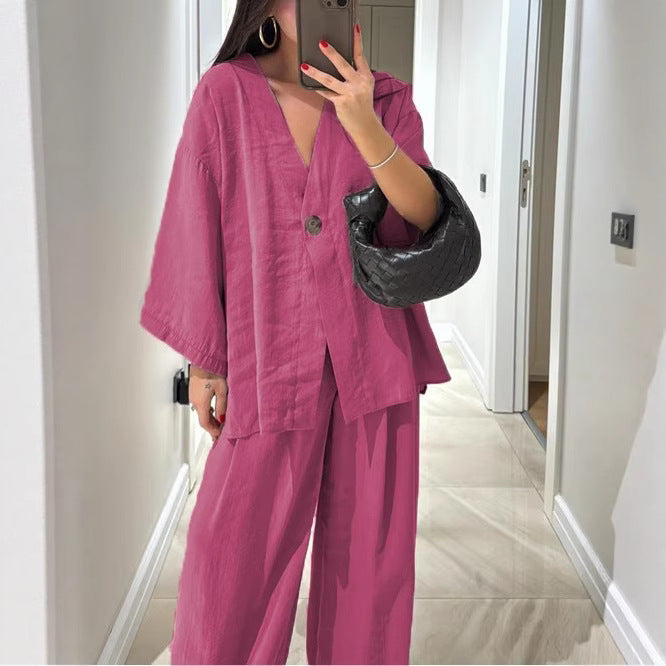 Damen nan entspanntes Zweiteiler-Leinenensemble mit kimonoartiger Oversize-Jacke und weiter Palazzohose Echo Archiv