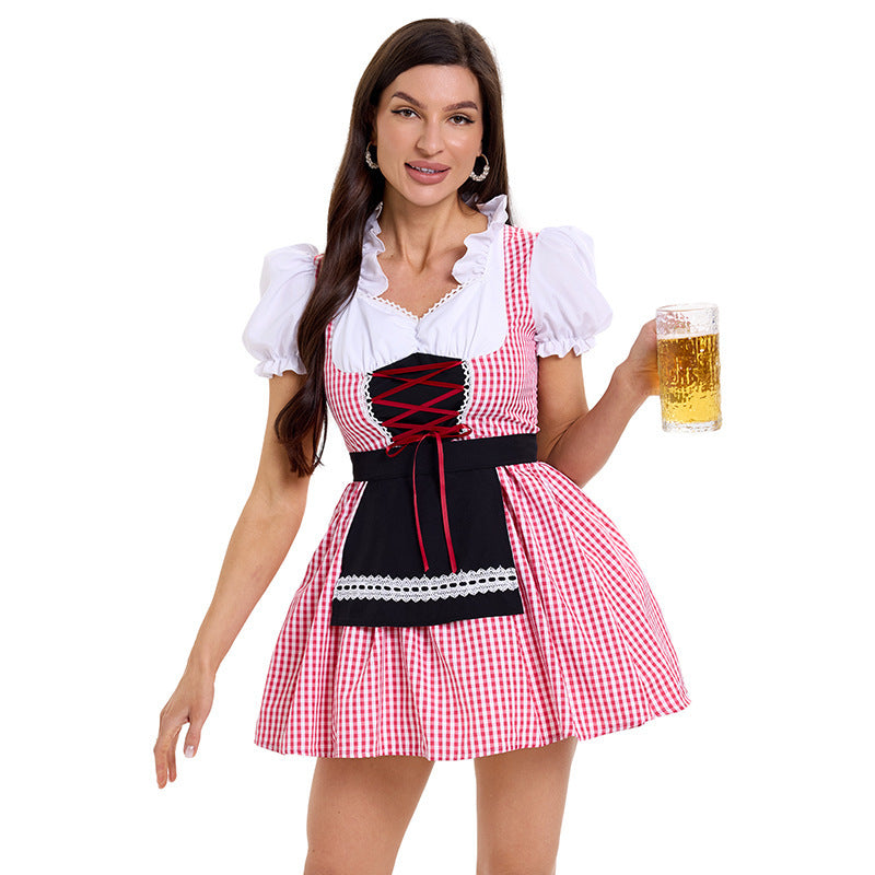 Damen nan kurzes kariertes Trachten Dirndl mit Schnürung Puffärmel und Schürze Echo Archiv