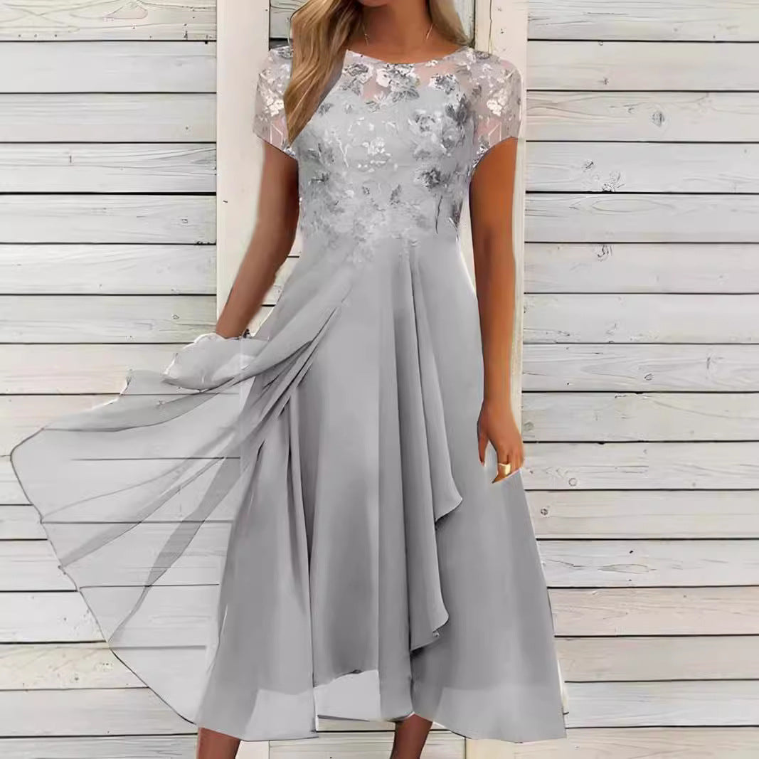 Damen nan elegantes Chiffon-Midikleid mit floraler Spitzenapplikation und fließendem Tellerrock Echoarchiv