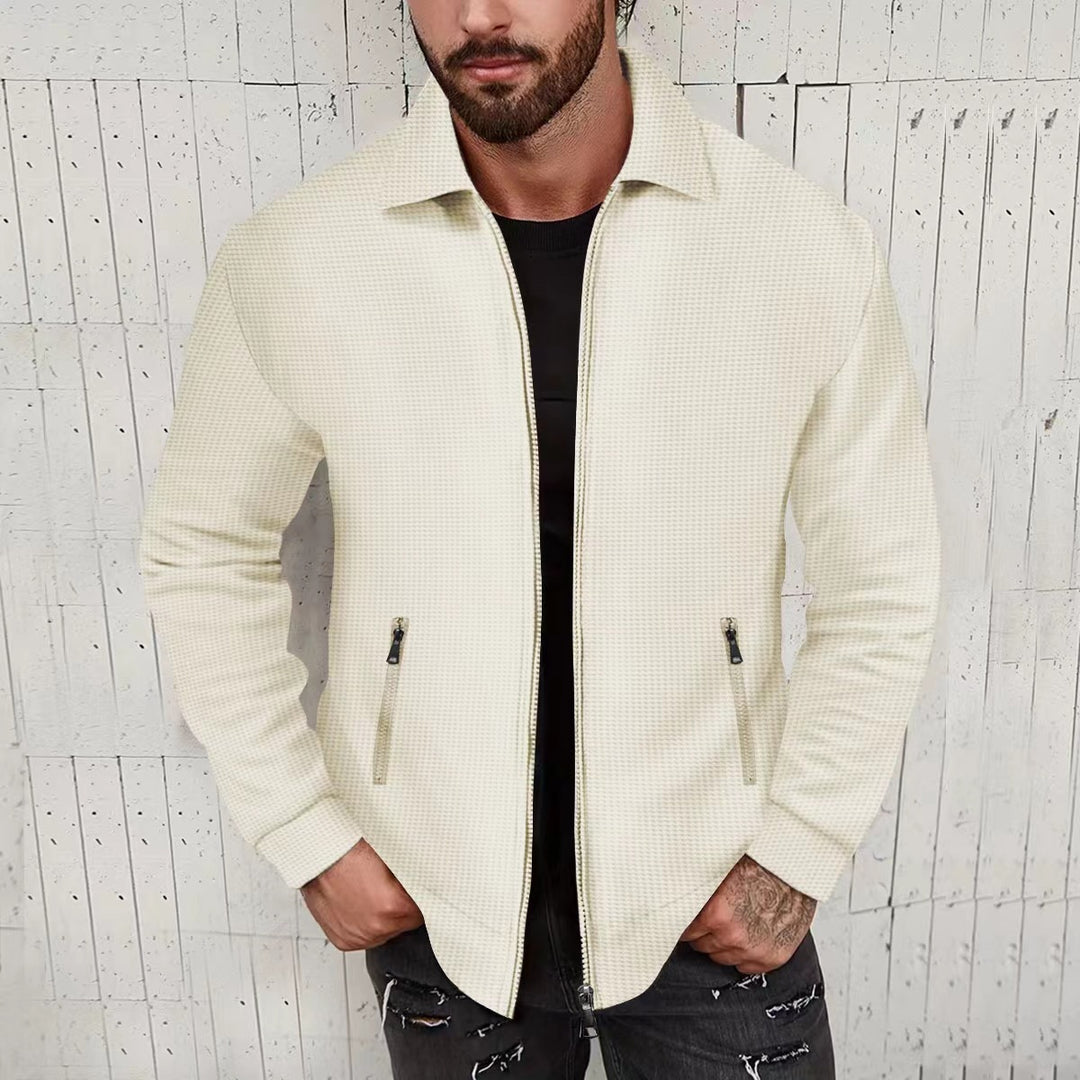 Herren minimalistische Stehkragen-Feinstrick-Übergangsjacke mit Zwei-Wege-Reißverschluss und verdeckten Reißverschlusstaschen – Taviero