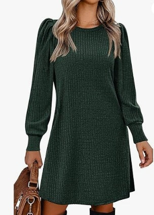 Damen gestricktes A-Linien Strickkleid mit Puffärmeln – Élara