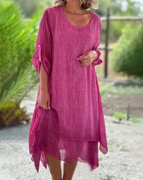 Damen nan weites Musselin-Midikleid mit rundem Halsausschnitt, krempelbaren halblangen Ärmeln und mehrlagigem Stufenrock Echo Archiv