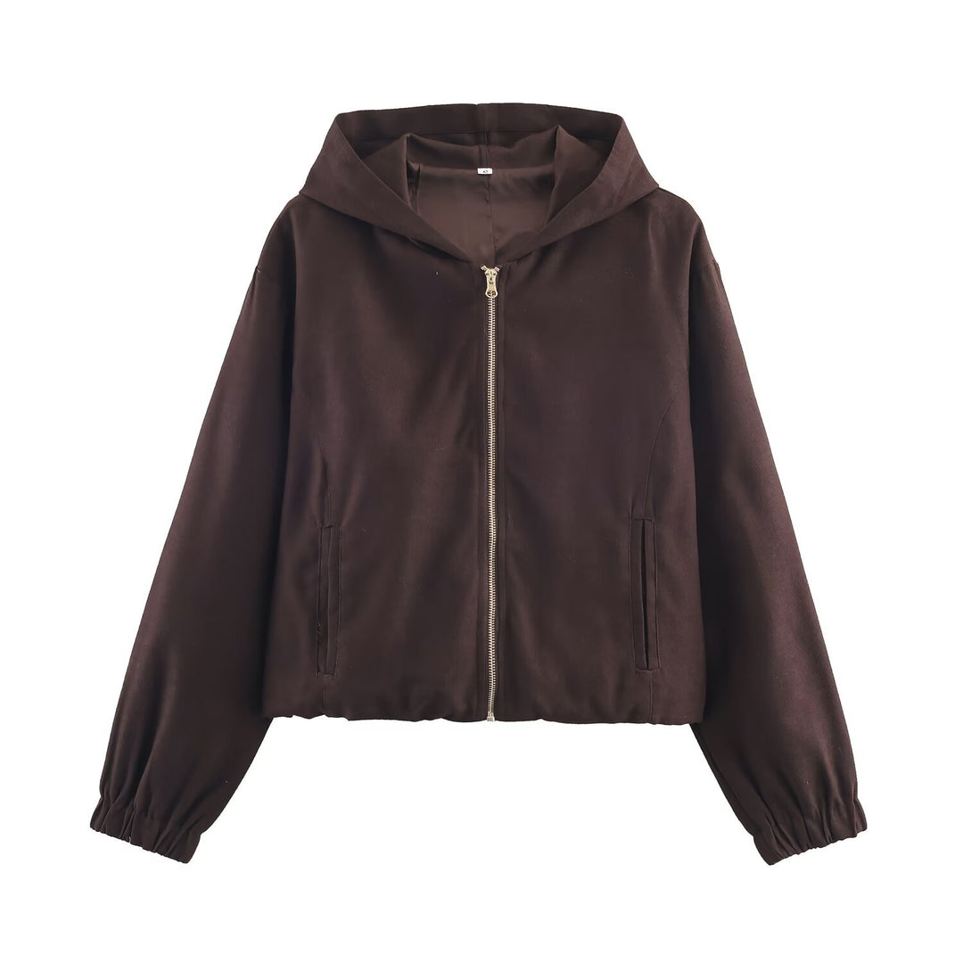 Damen Boxy-Kapuzenjacke aus Veloursoptik mit durchgehendem Reißverschluss und Gummsaum Echo Archiv