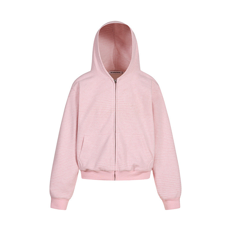 Damen Kurz geschnittene Kapuzen-Sweatjacke mit kurzem Bund, Streifenstruktur und Reißverschluss Echoarchiv
