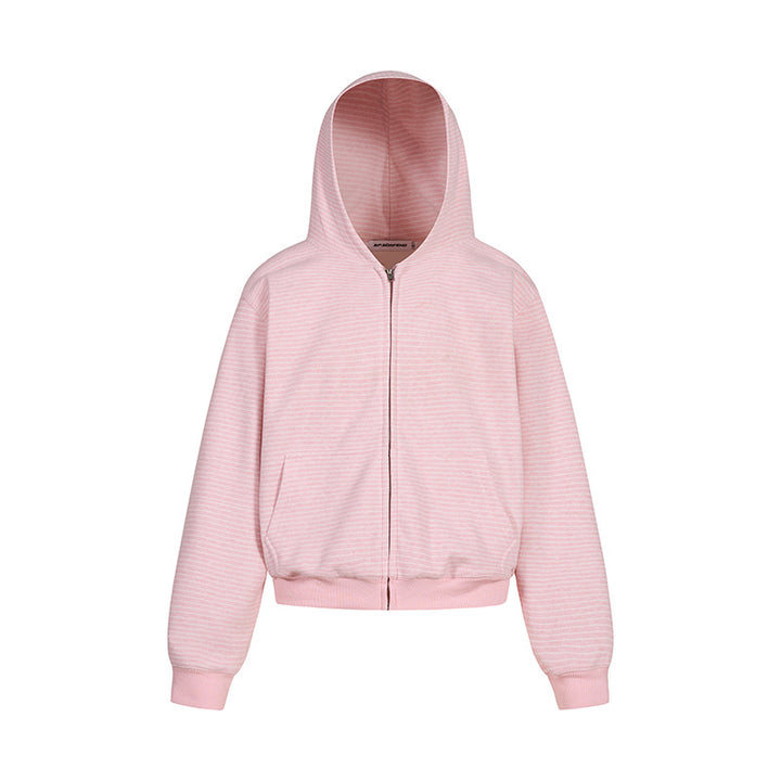 Damen Kurz geschnittene Kapuzen-Sweatjacke mit kurzem Bund, Streifenstruktur und Reißverschluss Echoarchiv