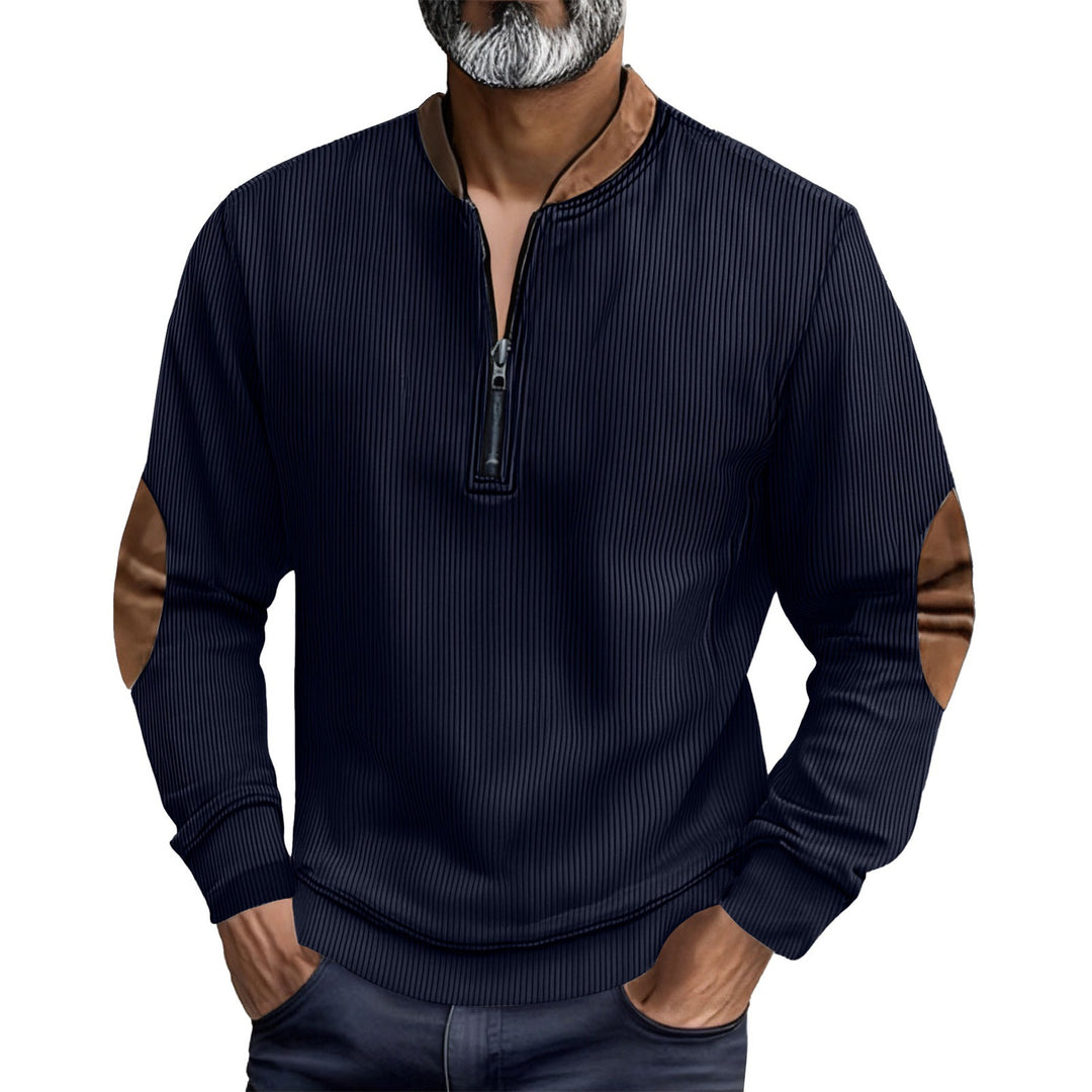 Herren eleganter Pullover mit Stehkragen und modischen Ledereinsätzen Echoarchiv