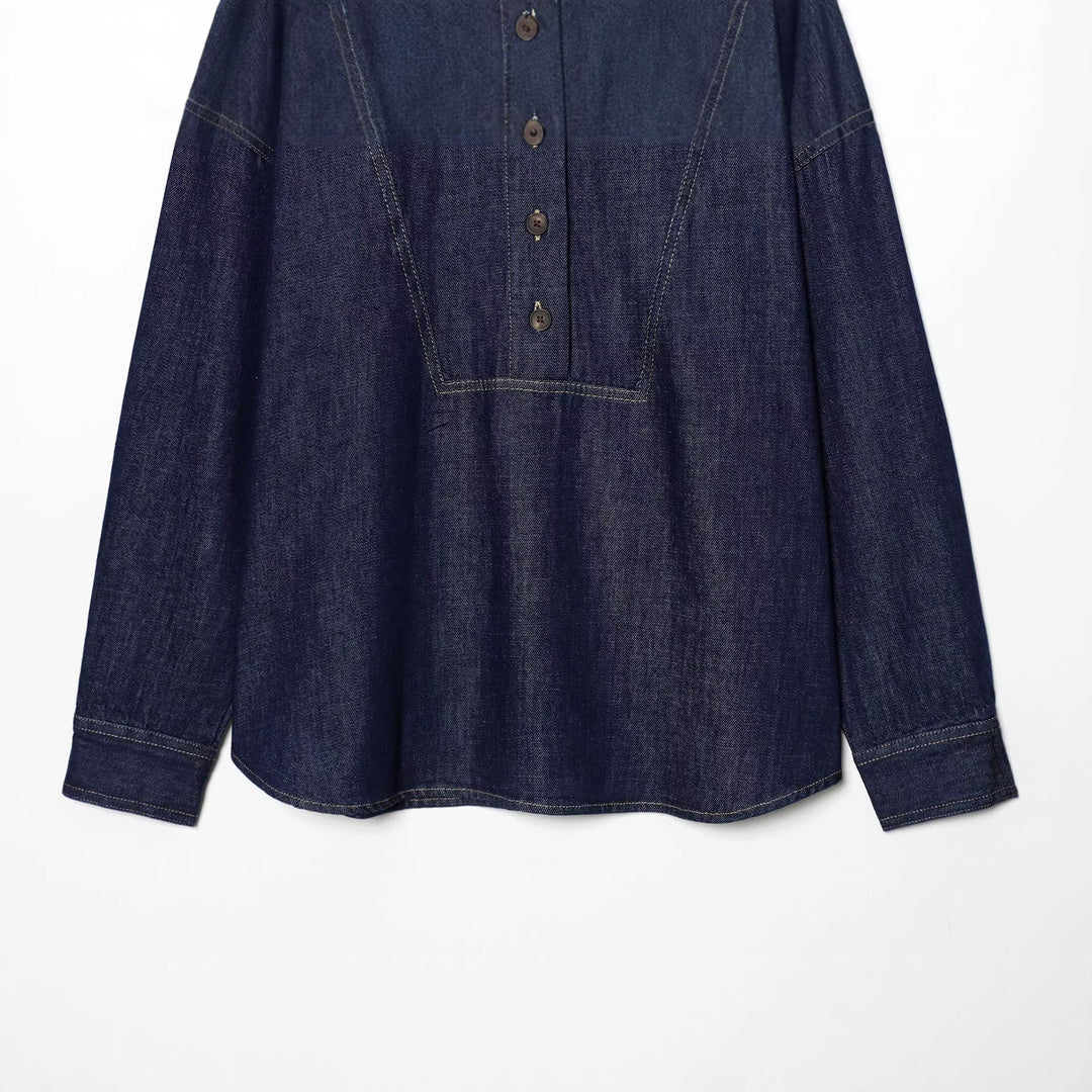 Damen Oversize-Denimbluse mit verdeckter Knopfleiste, markanten Teilungsnähten und kastiger Silhouette – Maréline