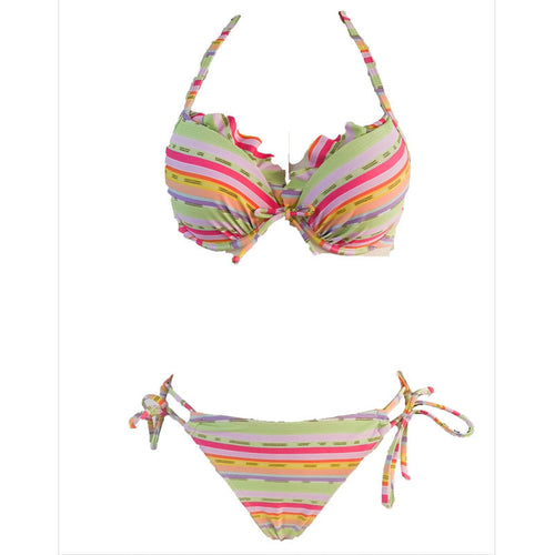 Damen Triangel-Bikini mit verspieltem Rüschendetail und buntem Streifenmuster Echo Archiv