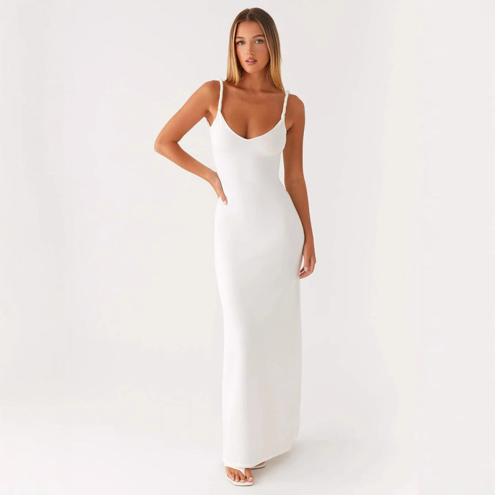 Damen Elegantes Maxirockkleid mit tiefem V-Ausschnitt und feinen Trägern Echo Archiv