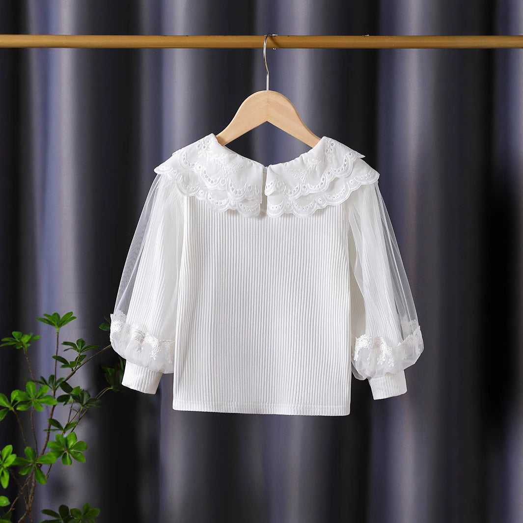 Mädchen modische Bluse mit elegantem Spitzenkragen und Tüllärmeln Echo Archiv
