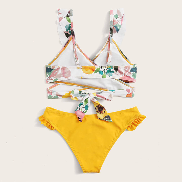Damen Zweiteiliges Blumen-Bikini-Set mit tailliertem Oberteil und Rüschenslip Echo Archiv