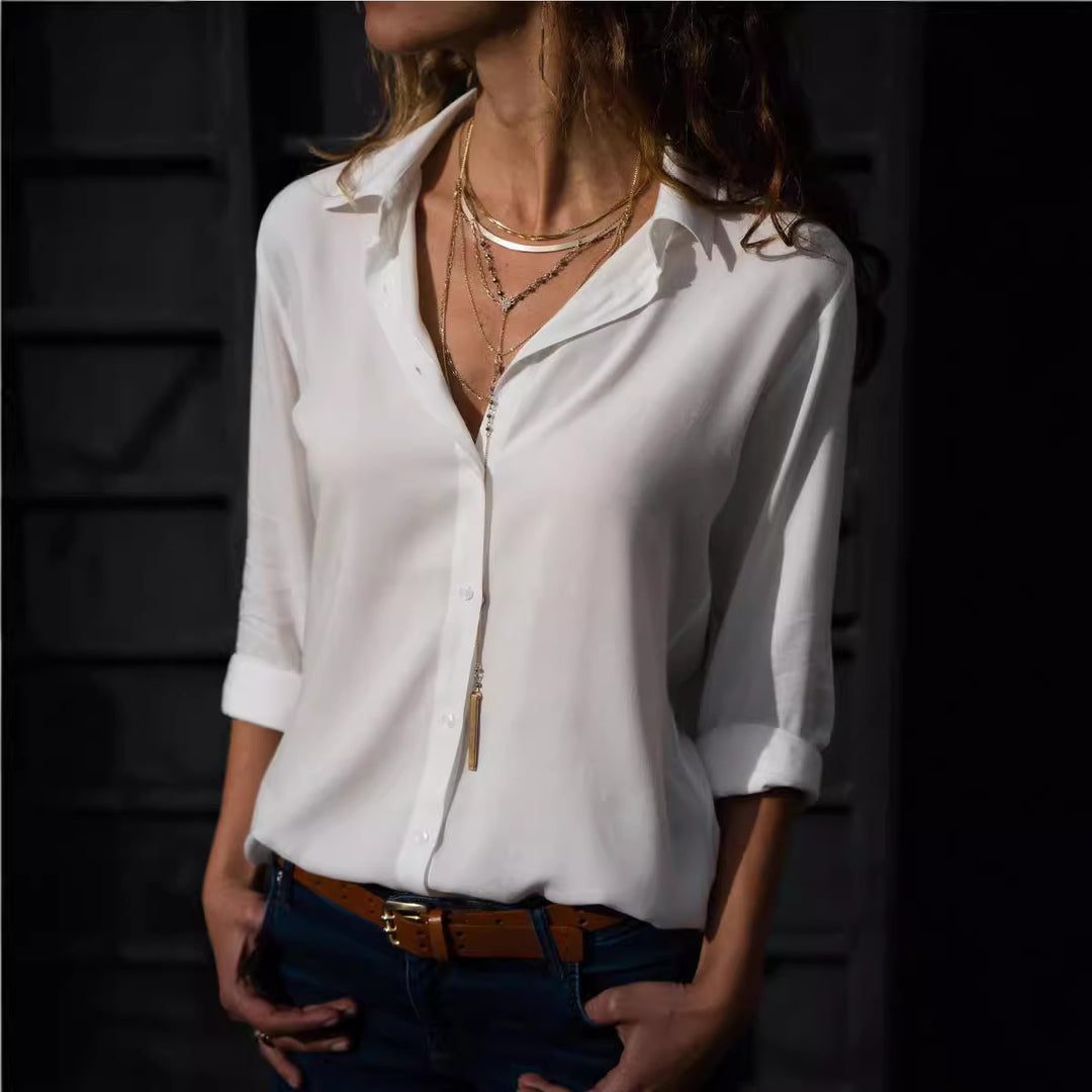Damen nan lässige Viskose-Chiffon Bluse mit V-Ausschnitt und Umschlagärmeln Echo Archiv