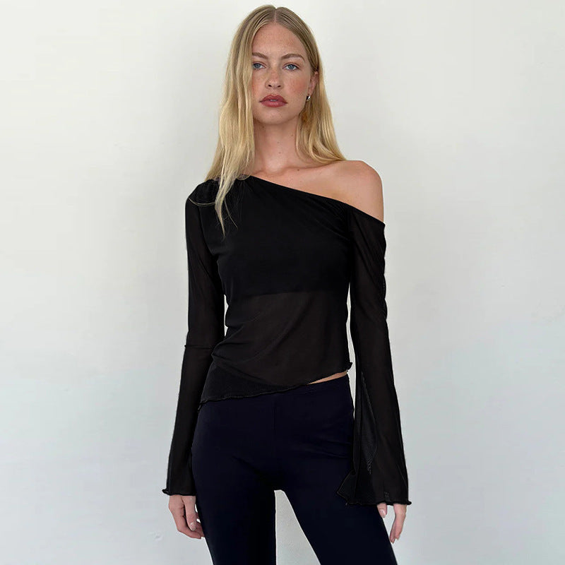 Damen asymmetrisches Langarmshirt mit transparenten Ärmeln und figurbetonter Silhouette Echo Archiv