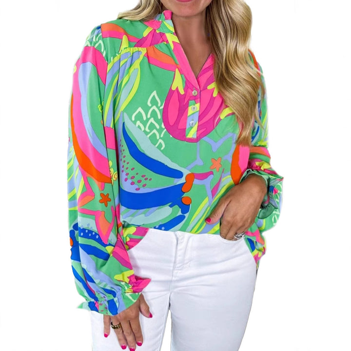 Damen Locker geschnittene Viskose-Bluse mit grafischem Alloverprint & Manschetten – Avérine