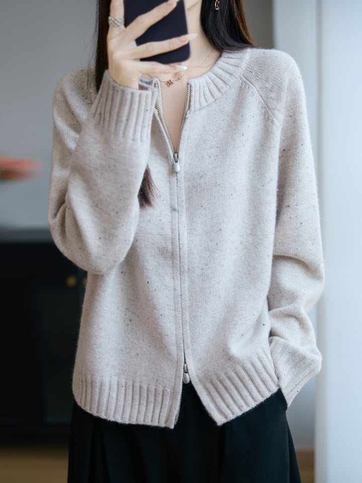Damen Zip-Strickjacke mit Rundhalsausschnitt, feinem Nep‑Garn und gerippten Abschlüssen Echoarchiv