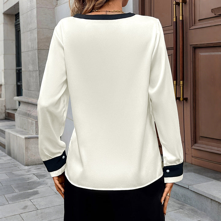 Damen Elegante Seidenoptik-Bluse mit kontrastiertem V-Ausschnitt und Perlenknopfleiste Echoarchiv