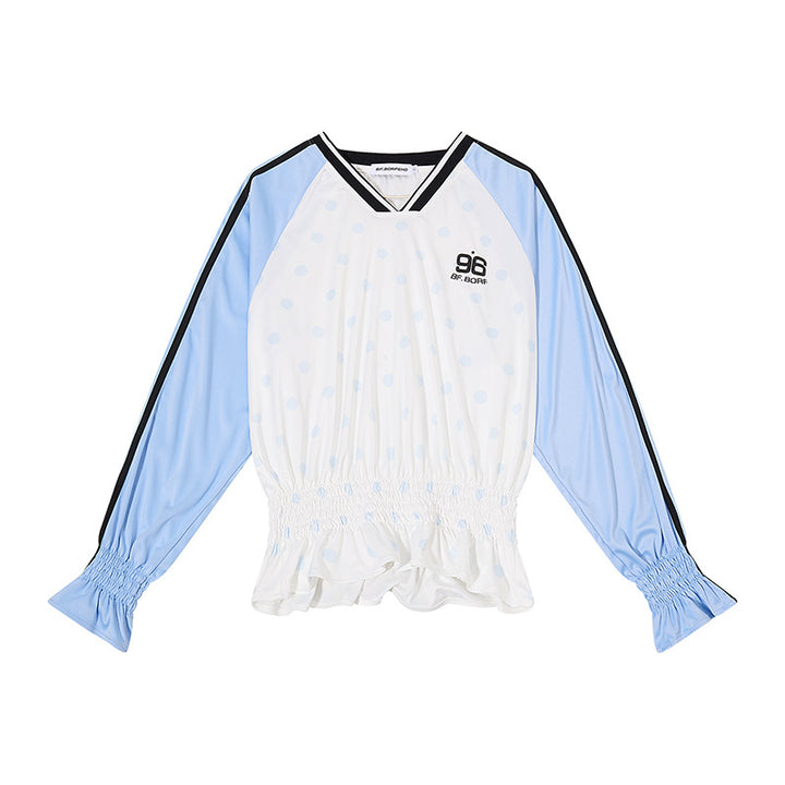 Damen Sportives Langarmshirt mit Raglanärmeln, gesmoktem Taillenbund und V-Ausschnitt Echoarchiv