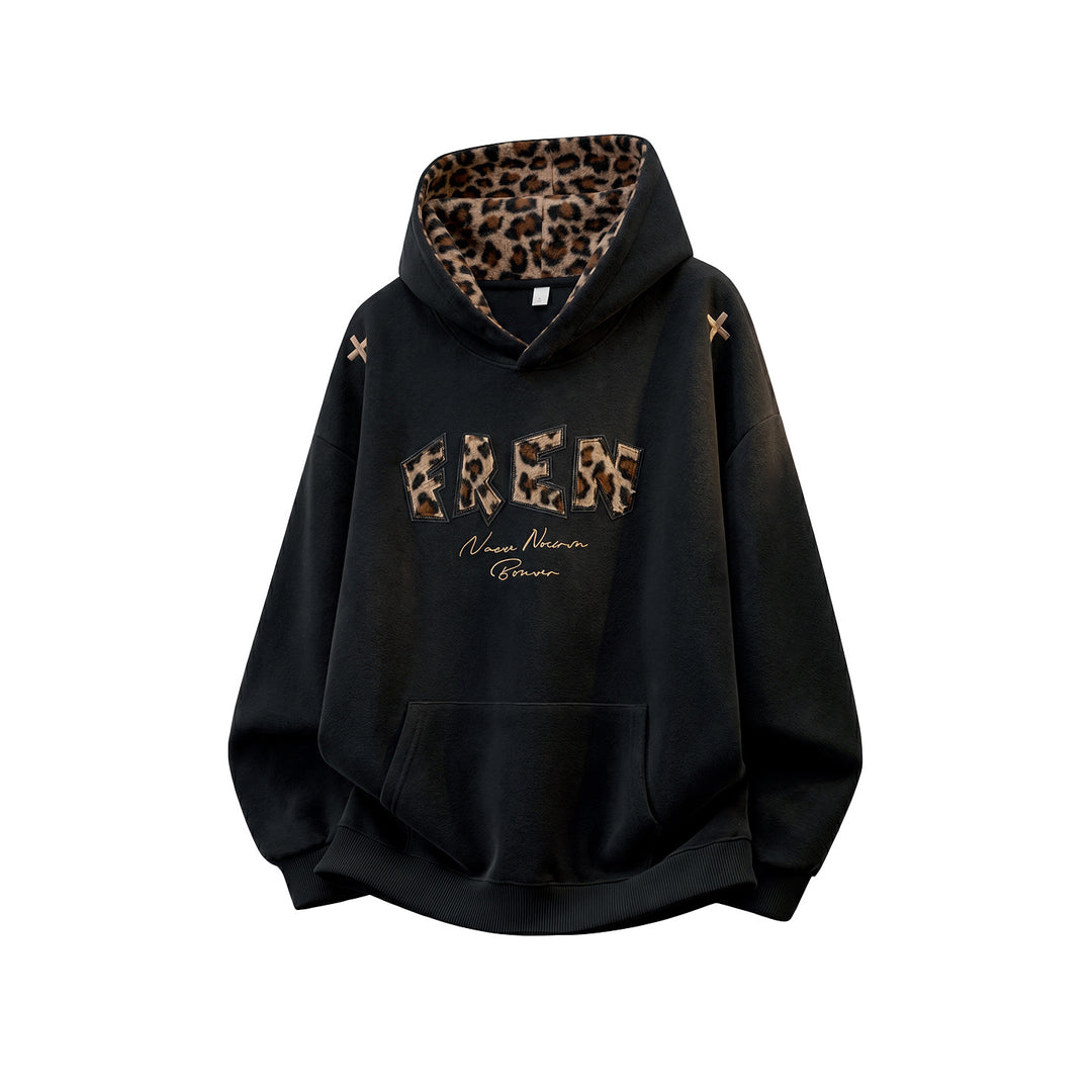 Damen Oversize-Kapuzenpullover mit gefütterter Leopardenkapuze und Applikationsschrift Echo Archiv