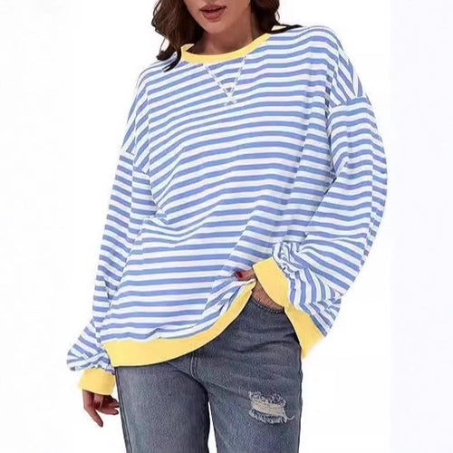 Damen Lässiges Oversize-Streifen-Sweatshirt mit Raglanärmeln und Kontrastbündchen – Mavelle