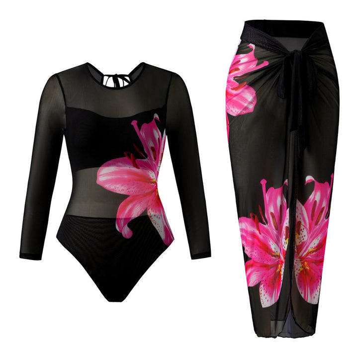 Damen Eleganter Badeanzug mit langem Arm und transparente Wickelrock Echo Archiv